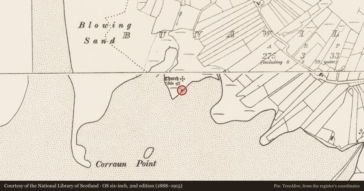 Ordnance Survey six-inch map, 2nd edition (1888–1915) covering the location of Midden, Bun An Mhuilinn, County Mayo, with a pin at the register's coordinates