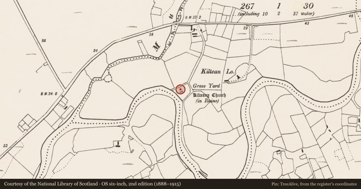 Ordnance Survey six-inch map, 2nd edition (1888–1915) covering the location of Church, Kilteany, County Mayo, with a pin at the register's coordinates