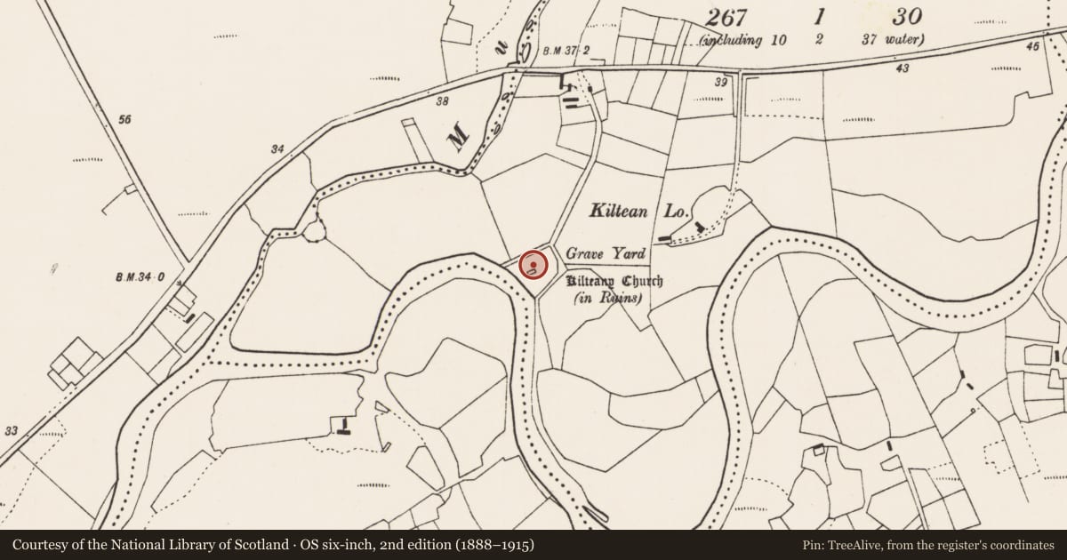 Ordnance Survey six-inch map, 2nd edition (1888–1915) covering the location of Bullaun stone, Kilteany, County Mayo, with a pin at the register's coordinates