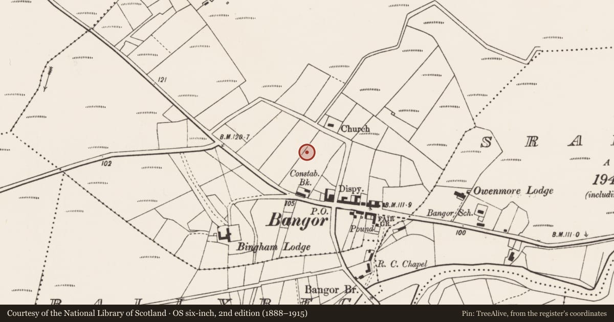 Ordnance Survey six-inch map, 2nd edition (1888–1915) covering the location of Megalithic tomb - unclassified, Bangor, County Mayo, with a pin at the register's coordinates