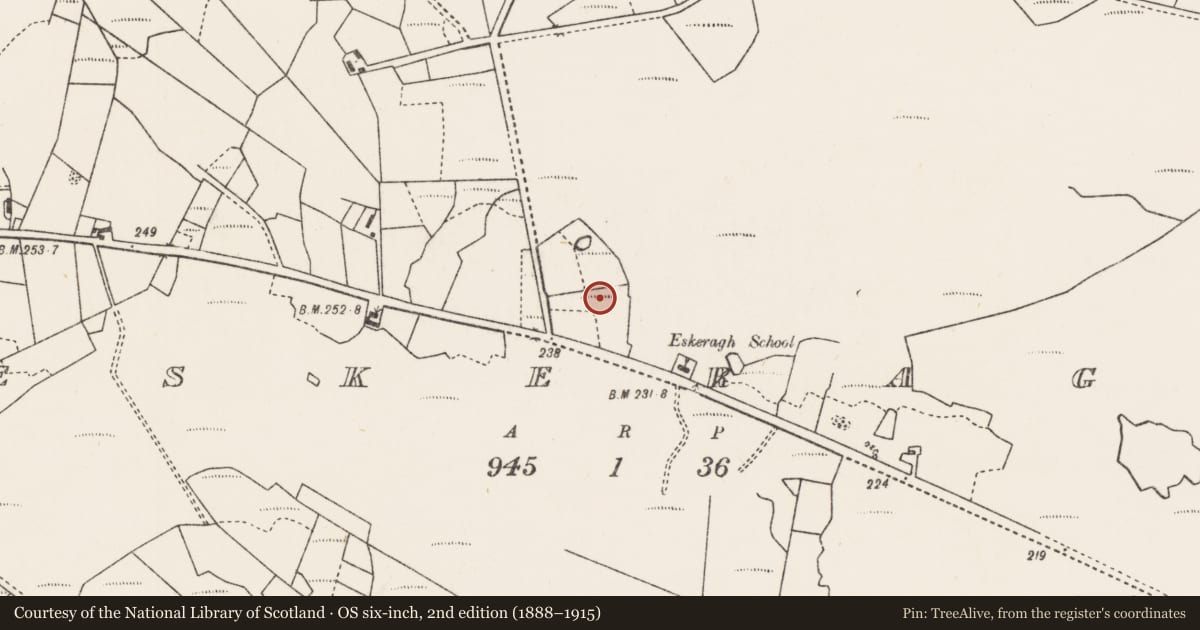 Ordnance Survey six-inch map, 2nd edition (1888–1915) covering the location of Field boundary, Eskeragh, County Mayo, with a pin at the register's coordinates