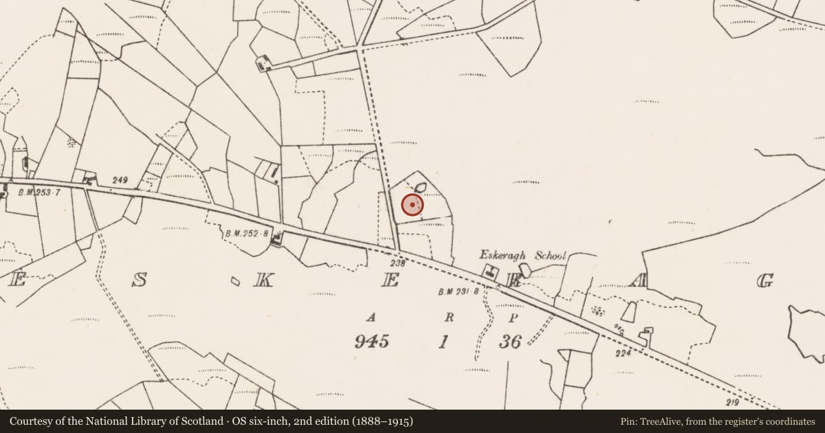 Ordnance Survey six-inch map, 2nd edition (1888–1915) covering the location of Fulacht fia, Eskeragh, County Mayo, with a pin at the register's coordinates