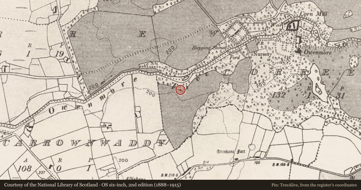 Ordnance Survey six-inch map, 2nd edition (1888–1915) covering the location of Ringfort - cashel, Correens, County Mayo, with a pin at the register's coordinates