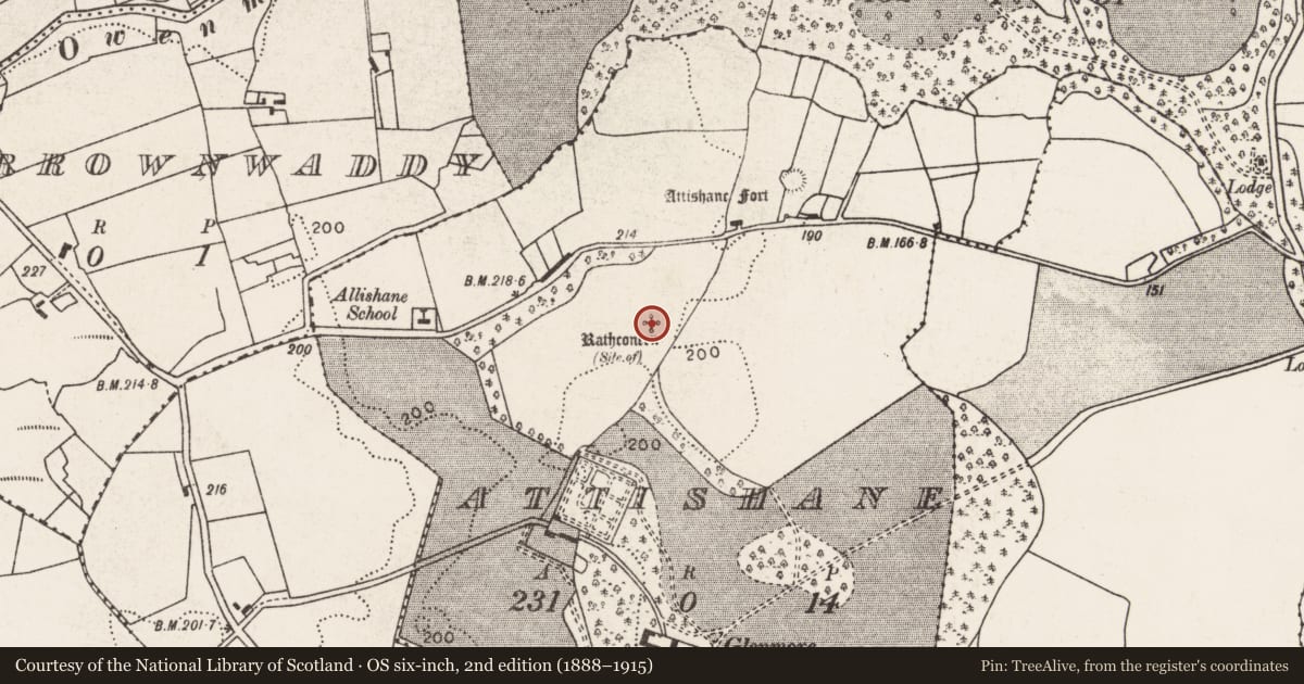 Ordnance Survey six-inch map, 2nd edition (1888–1915) covering the location of Enclosure, Attishane, County Mayo, with a pin at the register's coordinates