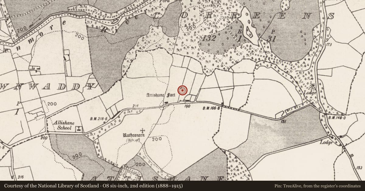 Ordnance Survey six-inch map, 2nd edition (1888–1915) covering the location of House - indeterminate date, Attishane, County Mayo, with a pin at the register's coordinates