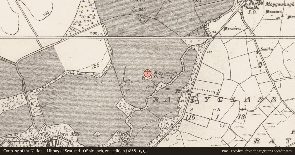 Ordnance Survey six-inch map, 2nd edition (1888–1915) covering the location of Graveyard, Knockaculleen, County Mayo, with a pin at the register's coordinates