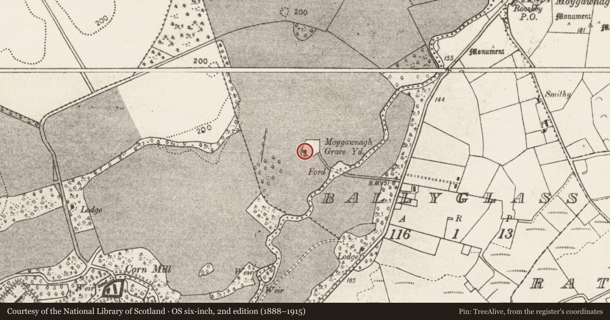 Ordnance Survey six-inch map, 2nd edition (1888–1915) covering the location of Bullaun stone, Knockaculleen, County Mayo, with a pin at the register's coordinates