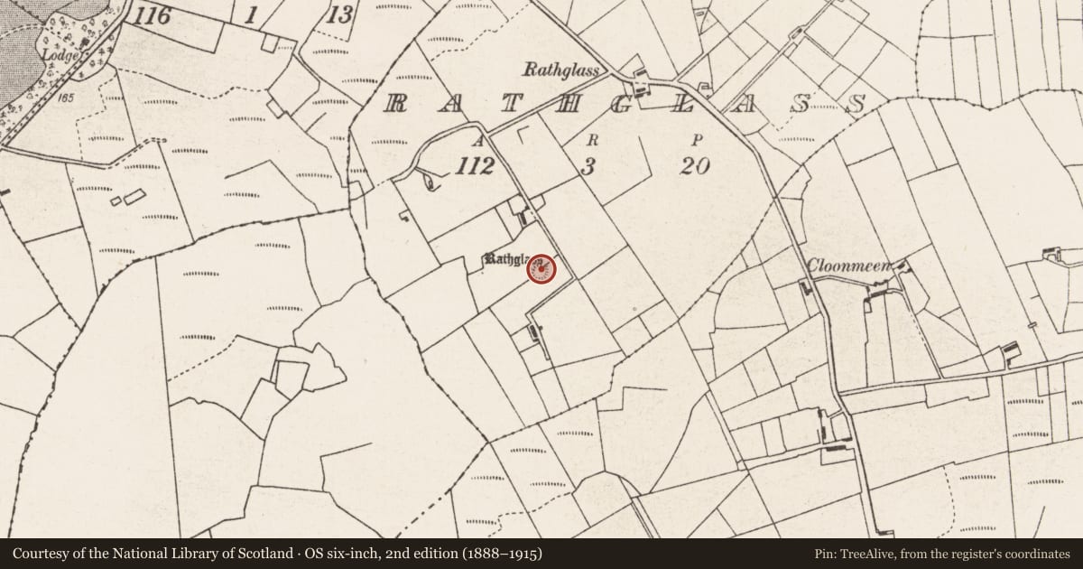 Ordnance Survey six-inch map, 2nd edition (1888–1915) covering the location of Ringfort - rath, Rathglass, County Mayo, with a pin at the register's coordinates