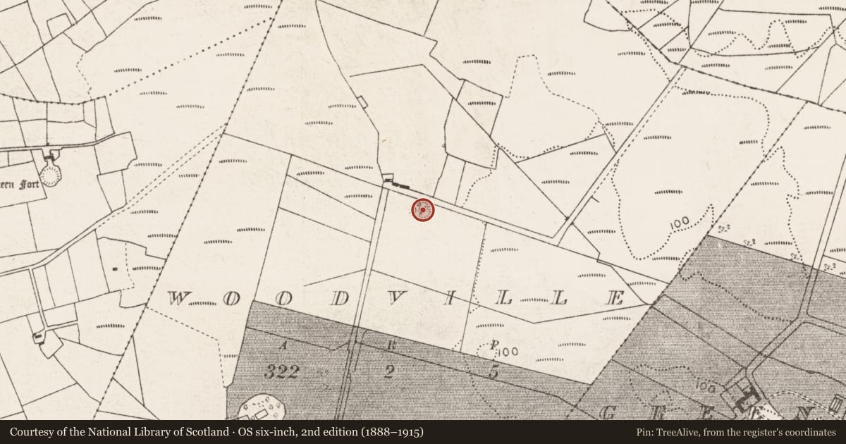 Ordnance Survey six-inch map, 2nd edition (1888–1915) covering the location of Enclosure, Woodville, County Mayo, with a pin at the register's coordinates