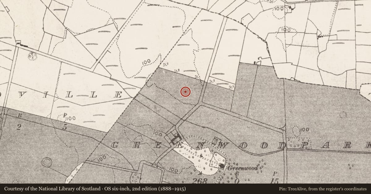 Ordnance Survey six-inch map, 2nd edition (1888–1915) covering the location of Enclosure, Greenwoodpark, County Mayo, with a pin at the register's coordinates