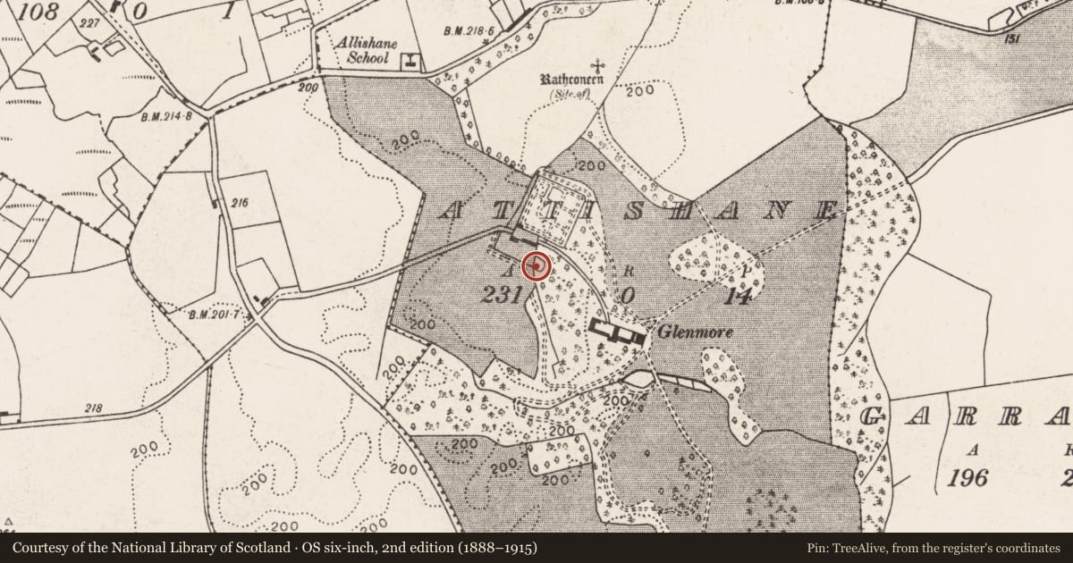 Ordnance Survey six-inch map, 2nd edition (1888–1915) covering the location of Enclosure, Attishane, County Mayo, with a pin at the register's coordinates