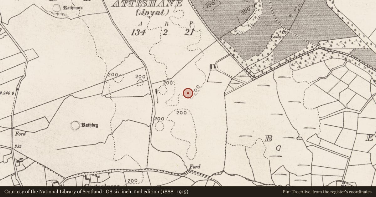 Ordnance Survey six-inch map, 2nd edition (1888–1915) covering the location of Ringfort - rath, Attishane (Joynt), County Mayo, with a pin at the register's coordinates