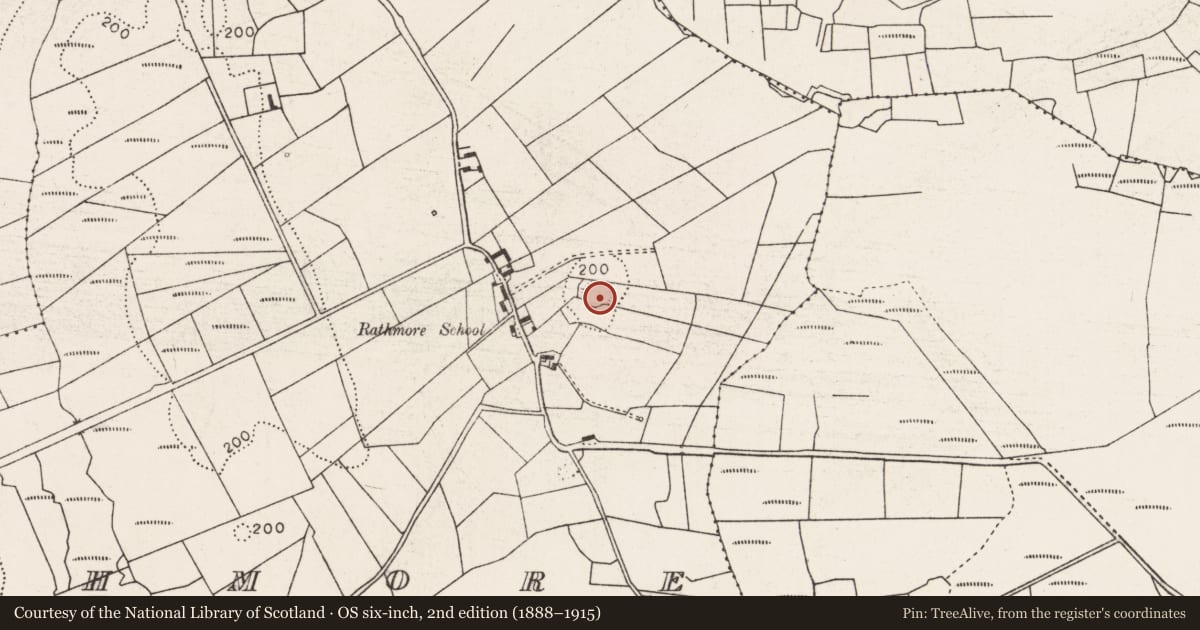 Ordnance Survey six-inch map, 2nd edition (1888–1915) covering the location of Ringfort - rath, Rathmore, County Mayo, with a pin at the register's coordinates