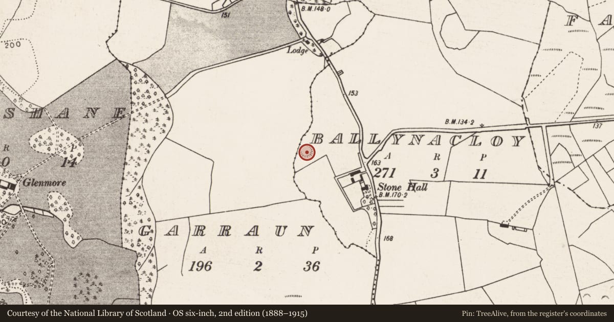 Ordnance Survey six-inch map, 2nd edition (1888–1915) covering the location of Ringfort - rath, Ballynacloy, County Mayo, with a pin at the register's coordinates