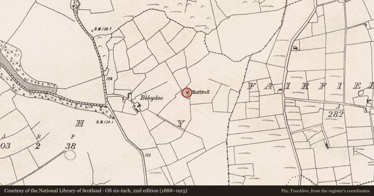 Ordnance Survey six-inch map, 2nd edition (1888–1915) covering the location of Ringfort - rath, Behy (Tirawley By., Crossmolina. Par.), County Mayo, with a pin at the register's coordinates