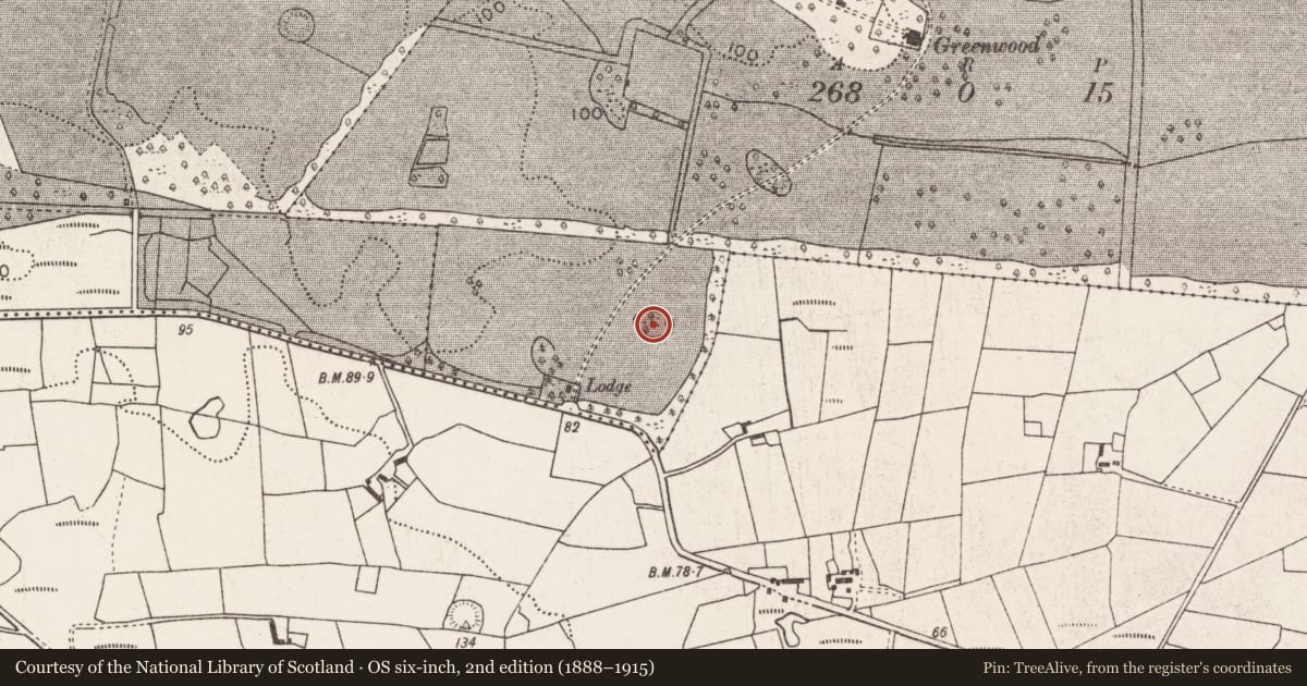 Ordnance Survey six-inch map, 2nd edition (1888–1915) covering the location of Enclosure, Greenwoodpark, County Mayo, with a pin at the register's coordinates