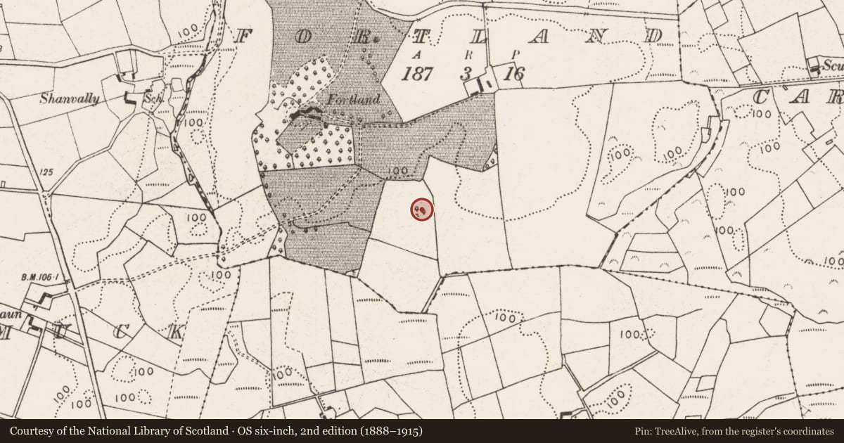 Ordnance Survey six-inch map, 2nd edition (1888–1915) covering the location of Enclosure, Fortland, County Mayo, with a pin at the register's coordinates