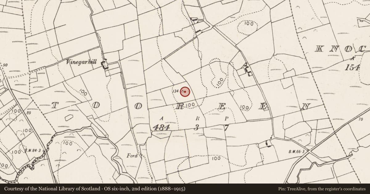 Ordnance Survey six-inch map, 2nd edition (1888–1915) covering the location of Ringfort - rath, Tooreen (Tirawley By., Crossmolina Par.), County Mayo, with a pin at the register's coordinates