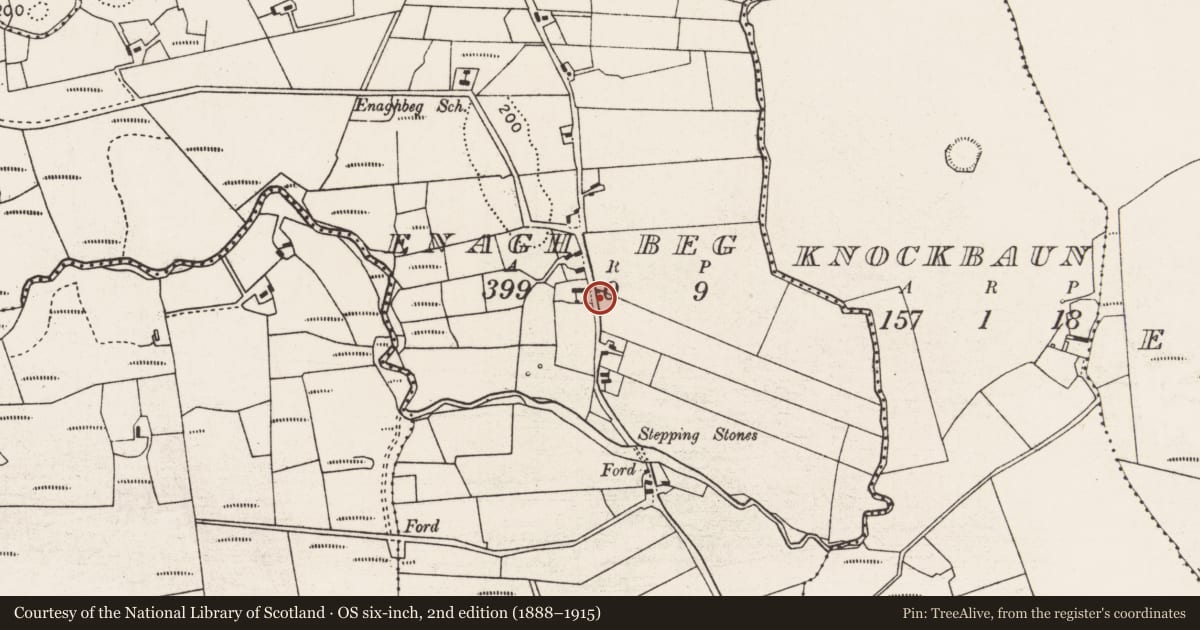Ordnance Survey six-inch map, 2nd edition (1888–1915) covering the location of Megalithic tomb - portal tomb, Enagh Beg, County Mayo, with a pin at the register's coordinates
