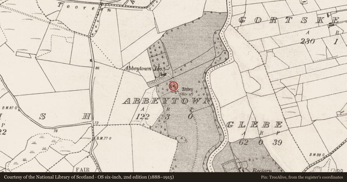 Ordnance Survey six-inch map, 2nd edition (1888–1915) covering the location of Religious house - unclassified, Abbeytown, County Mayo, with a pin at the register's coordinates