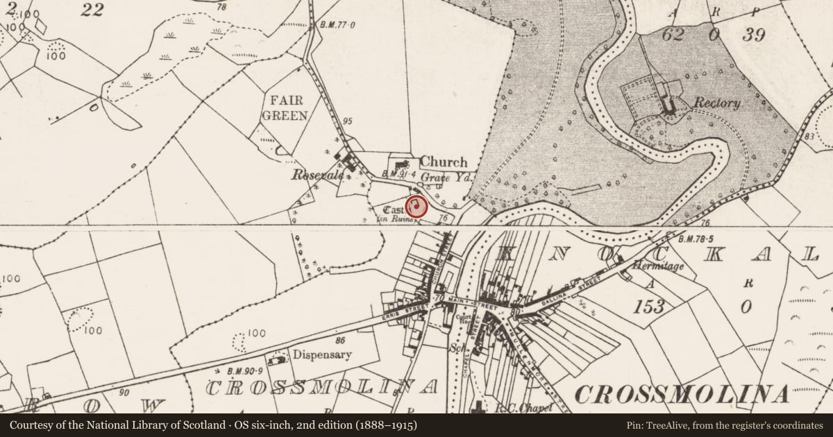 Ordnance Survey six-inch map, 2nd edition (1888–1915) covering the location of Castle - tower house, Crossmolina, County Mayo, with a pin at the register's coordinates