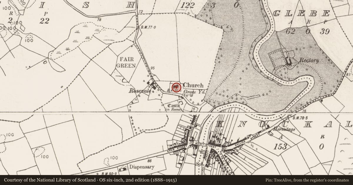 Ordnance Survey six-inch map, 2nd edition (1888–1915) covering the location of Church, Crossmolina, County Mayo, with a pin at the register's coordinates