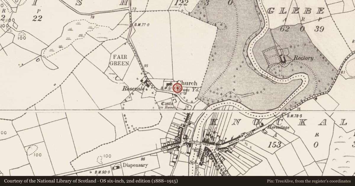 Ordnance Survey six-inch map, 2nd edition (1888–1915) covering the location of Graveyard, Crossmolina, County Mayo, with a pin at the register's coordinates