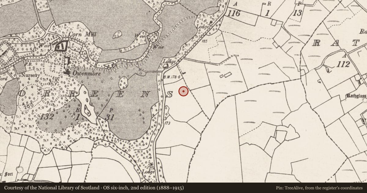 Ordnance Survey six-inch map, 2nd edition (1888–1915) covering the location of Megalithic tomb - court tomb, Correens, County Mayo, with a pin at the register's coordinates