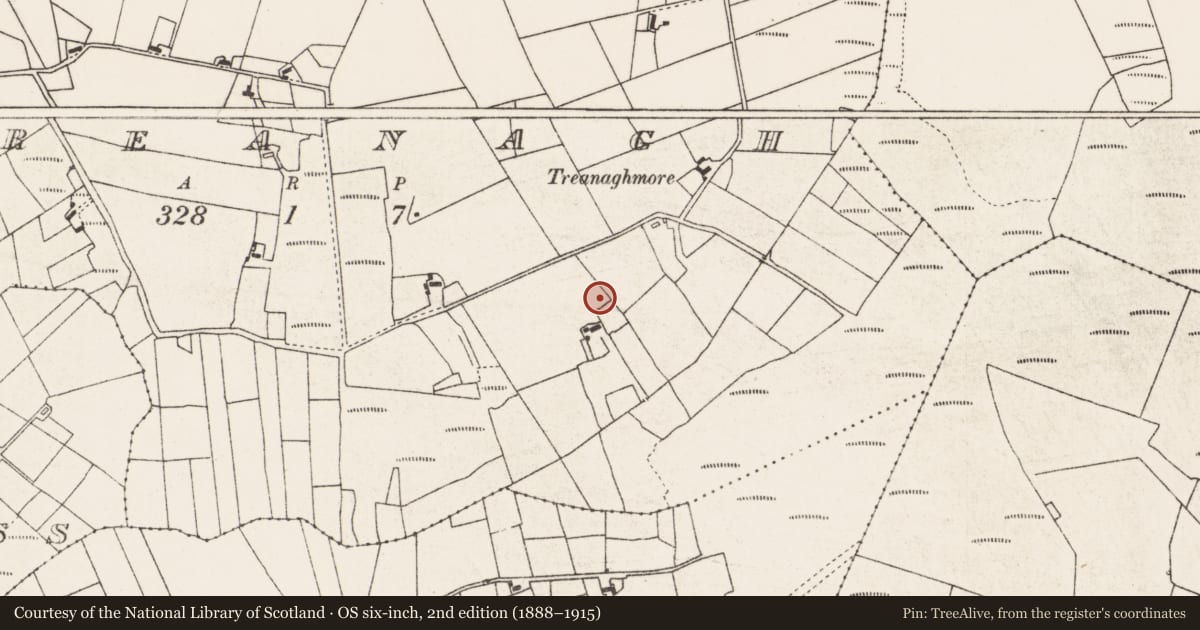 Ordnance Survey six-inch map, 2nd edition (1888–1915) covering the location of Burial, Treanagh, County Mayo, with a pin at the register's coordinates