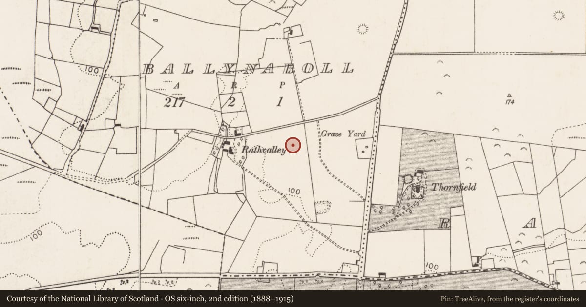 Ordnance Survey six-inch map, 2nd edition (1888–1915) covering the location of Enclosure, Ballynaboll, County Mayo, with a pin at the register's coordinates