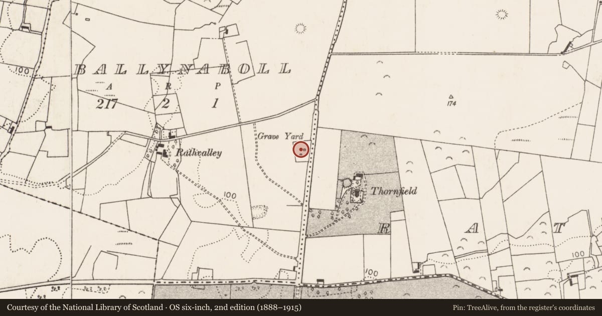 Ordnance Survey six-inch map, 2nd edition (1888–1915) covering the location of Children's burial ground, Ballynaboll, County Mayo, with a pin at the register's coordinates
