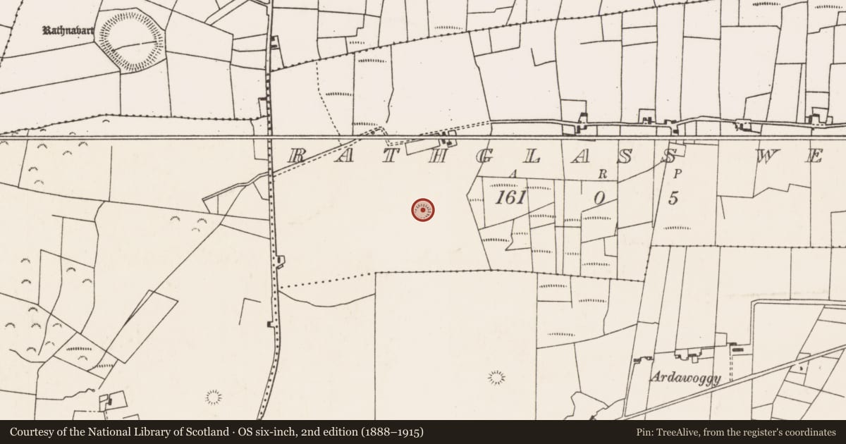 Ordnance Survey six-inch map, 2nd edition (1888–1915) covering the location of Ringfort - rath, Rathglass West, County Mayo, with a pin at the register's coordinates