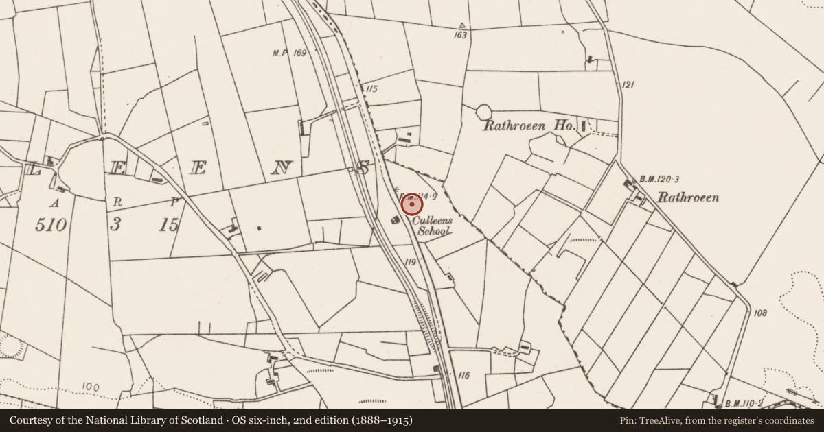 Ordnance Survey six-inch map, 2nd edition (1888–1915) covering the location of Enclosure, Culleens, County Mayo, with a pin at the register's coordinates