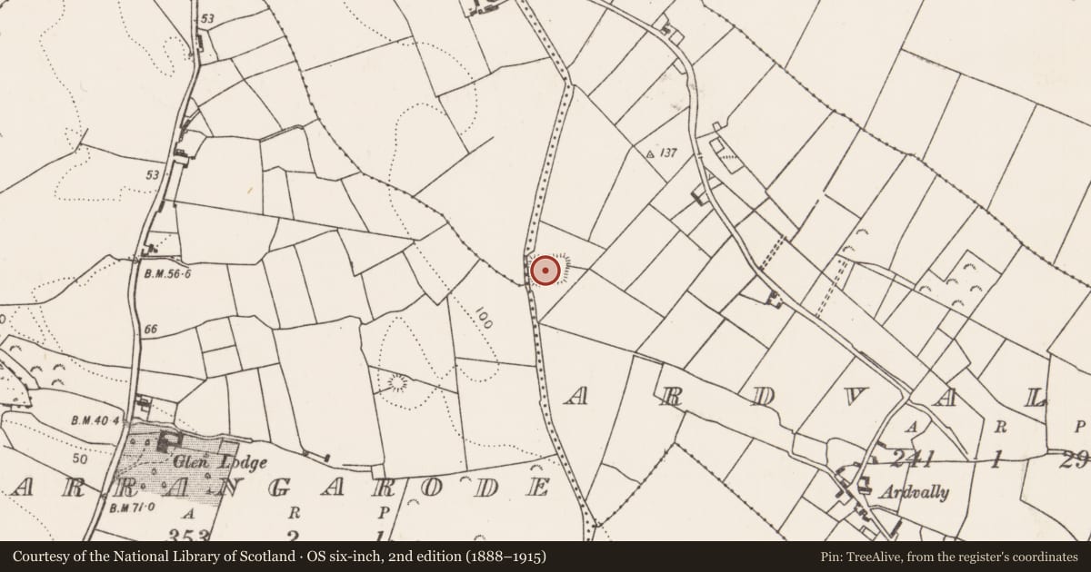 Ordnance Survey six-inch map, 2nd edition (1888–1915) covering the location of Moated site, Ardvally, County Mayo, with a pin at the register's coordinates
