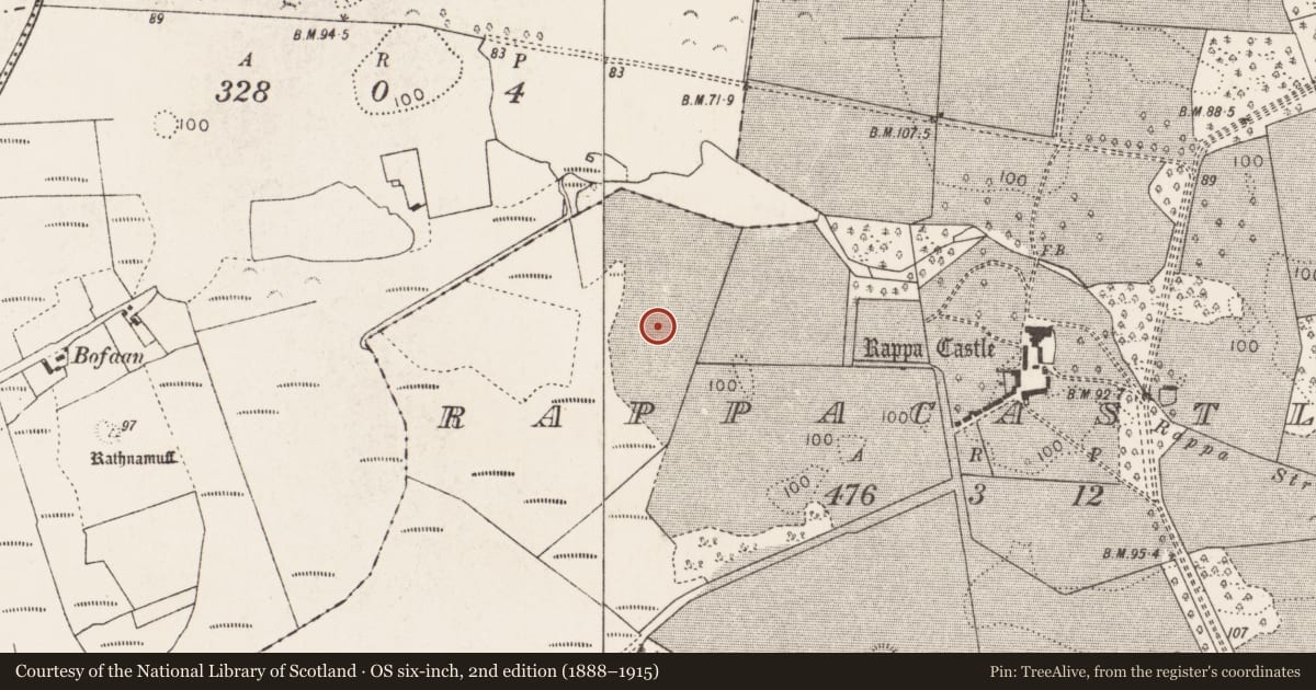Ordnance Survey six-inch map, 2nd edition (1888–1915) covering the location of Enclosure, Rappacastle, County Mayo, with a pin at the register's coordinates