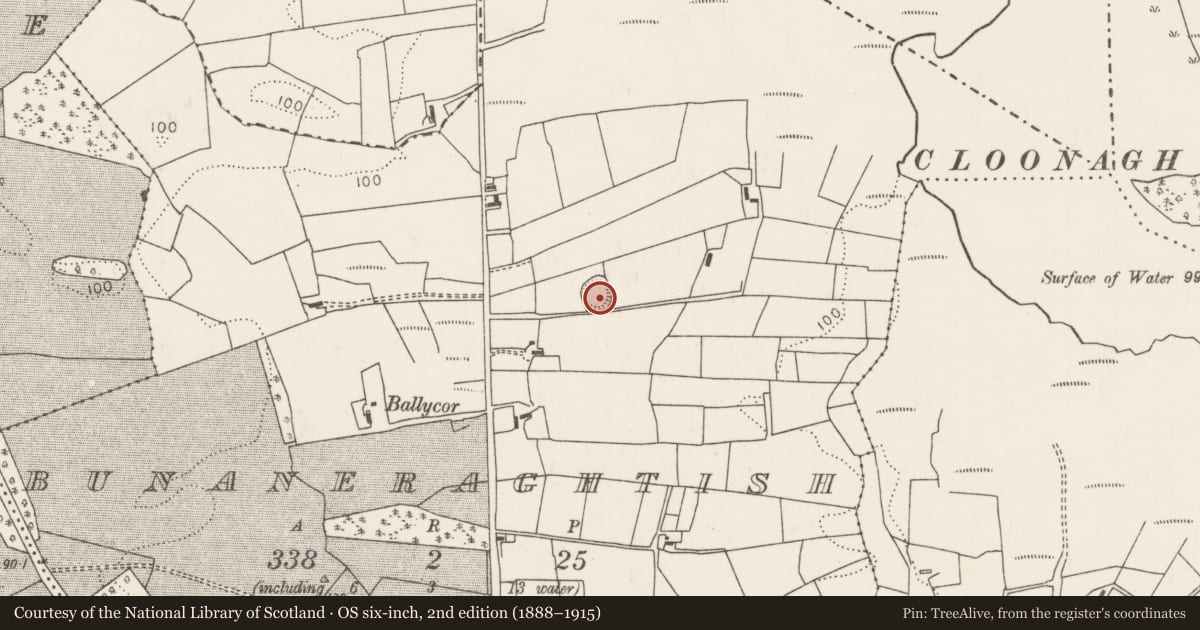 Ordnance Survey six-inch map, 2nd edition (1888–1915) covering the location of Ringfort - rath, Bunaneraghtish, County Mayo, with a pin at the register's coordinates
