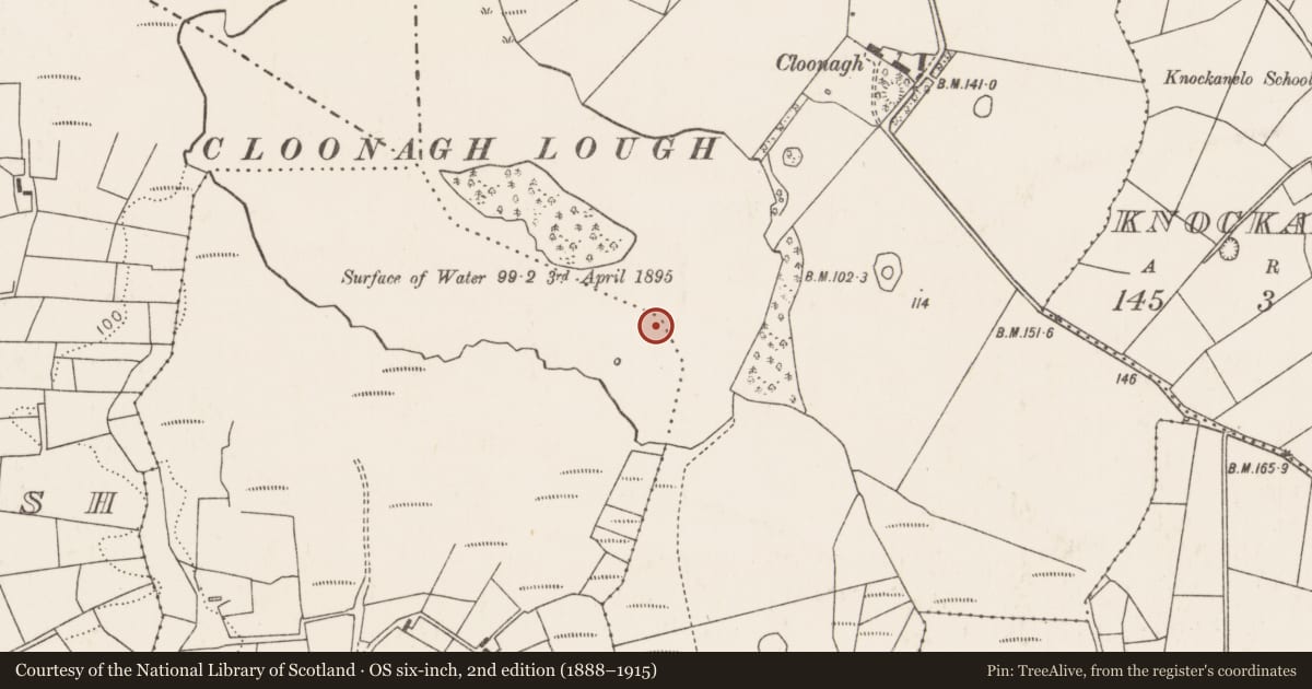 Ordnance Survey six-inch map, 2nd edition (1888–1915) covering the location of Crannog, Greenaun, County Mayo, with a pin at the register's coordinates