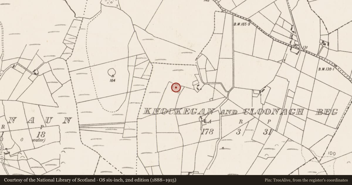 Ordnance Survey six-inch map, 2nd edition (1888–1915) covering the location of Enclosure, Knockegan And Cloonagh Beg, County Mayo, with a pin at the register's coordinates