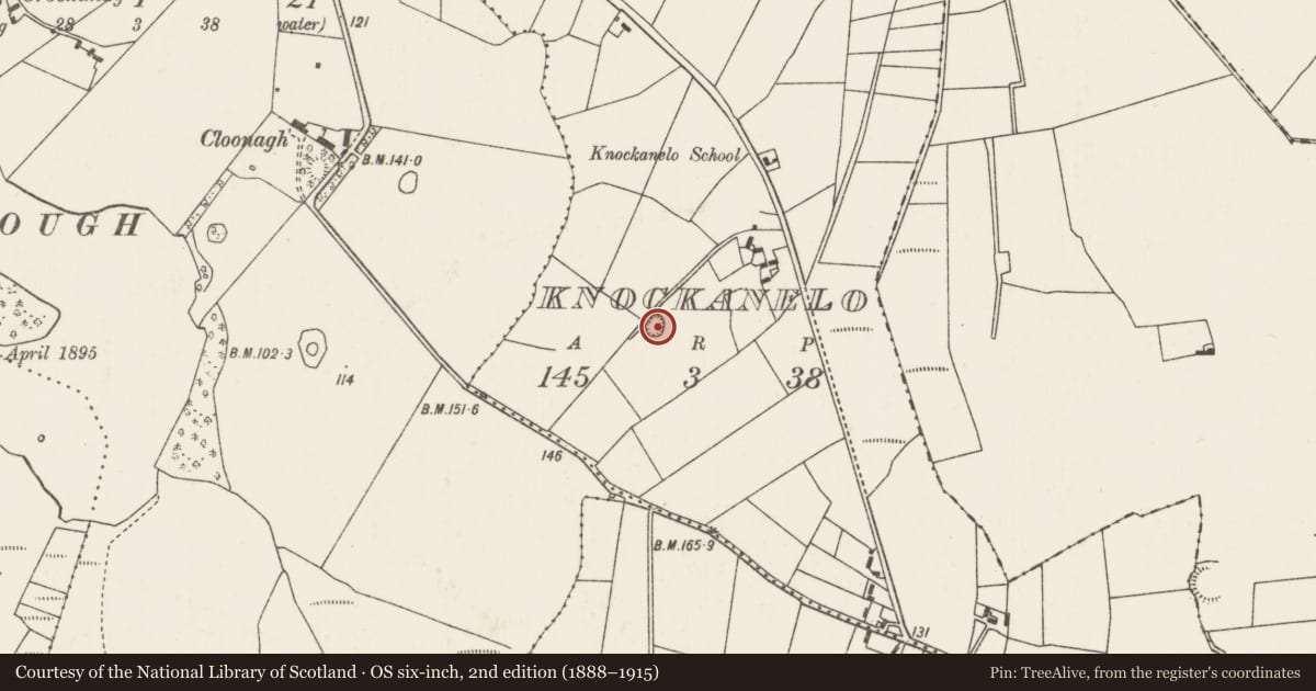 Ordnance Survey six-inch map, 2nd edition (1888–1915) covering the location of Enclosure, Knockanelo, County Mayo, with a pin at the register's coordinates