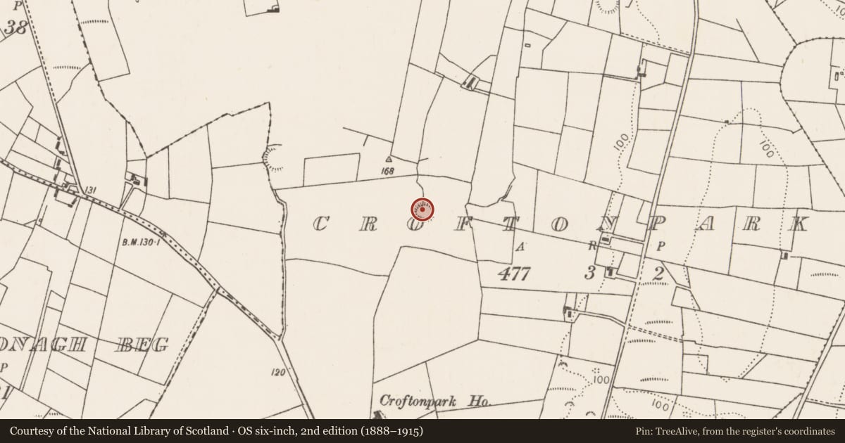 Ordnance Survey six-inch map, 2nd edition (1888–1915) covering the location of Enclosure, Croftonpark, County Mayo, with a pin at the register's coordinates