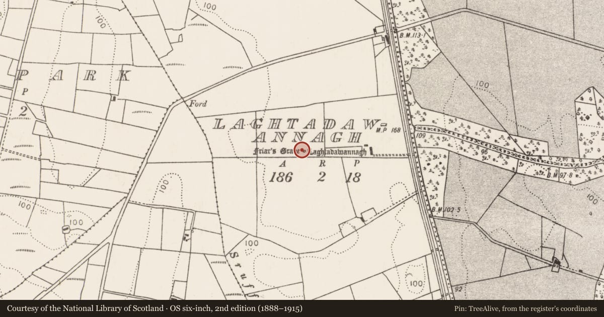 Ordnance Survey six-inch map, 2nd edition (1888–1915) covering the location of Burial, Laghtadawannagh, County Mayo, with a pin at the register's coordinates
