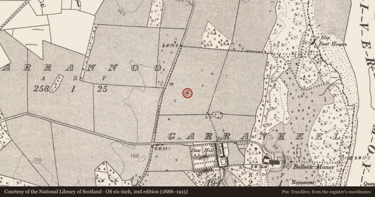 Ordnance Survey six-inch map, 2nd edition (1888–1915) covering the location of Ringfort - rath, Garrankeel, County Mayo, with a pin at the register's coordinates