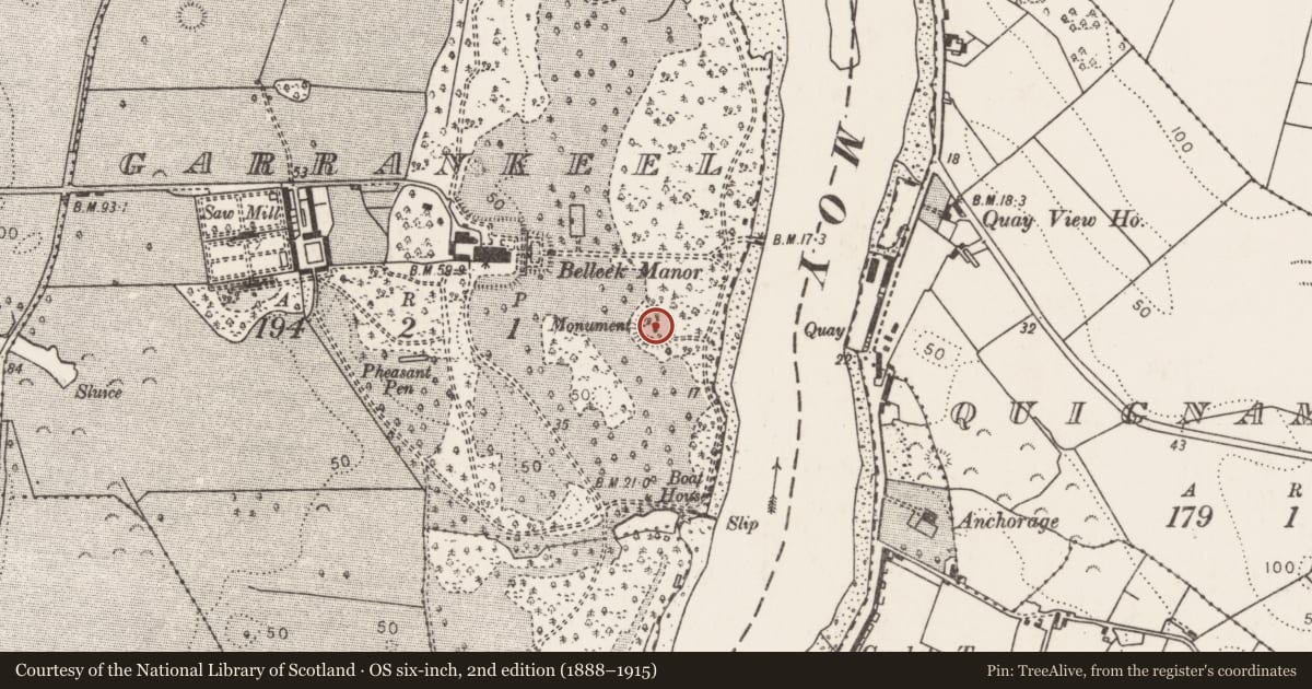 Ordnance Survey six-inch map, 2nd edition (1888–1915) covering the location of Monumental structure, Garrankeel, County Mayo, with a pin at the register's coordinates