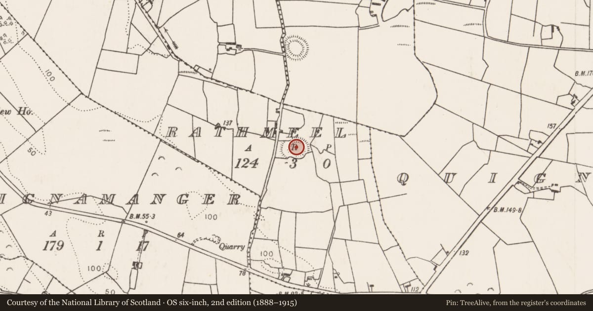 Ordnance Survey six-inch map, 2nd edition (1888–1915) covering the location of Ringfort - rath, Rathmeel, County Mayo, with a pin at the register's coordinates
