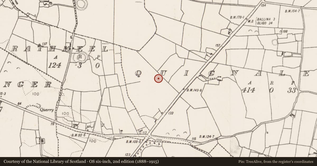 Ordnance Survey six-inch map, 2nd edition (1888–1915) covering the location of Standing stone, Quignalegan, County Mayo, with a pin at the register's coordinates