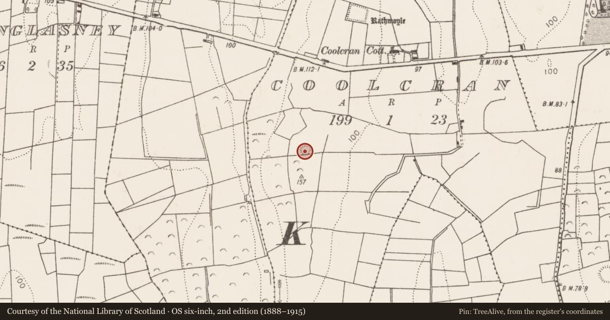 Ordnance Survey six-inch map, 2nd edition (1888–1915) covering the location of Ringfort - rath, Coolcran (Tirawley By., Kilmoylan Par.), County Mayo, with a pin at the register's coordinates