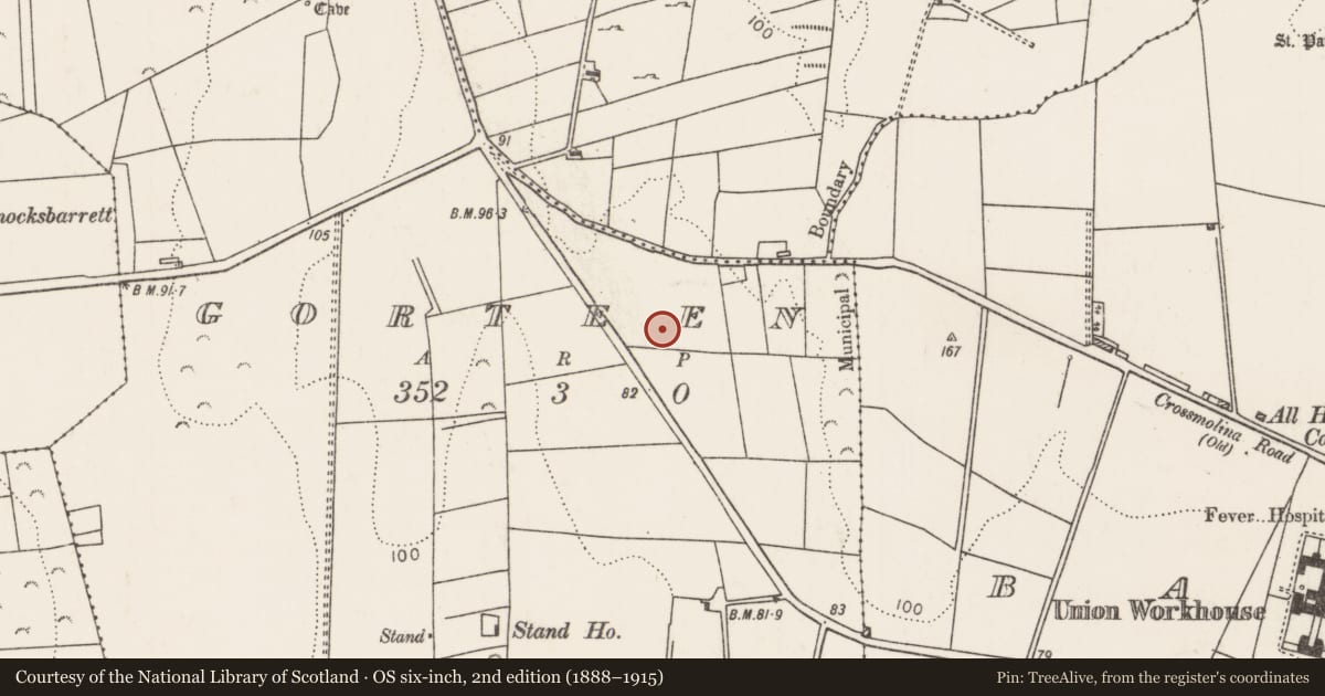 Ordnance Survey six-inch map, 2nd edition (1888–1915) covering the location of Enclosure, Gorteen, County Mayo, with a pin at the register's coordinates