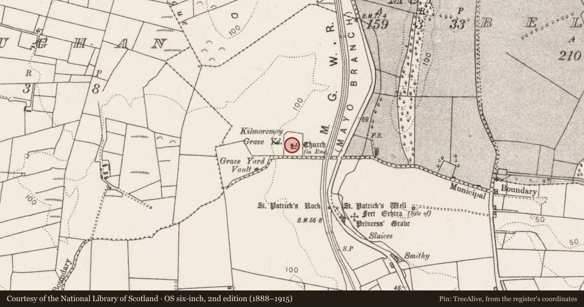 Ordnance Survey six-inch map, 2nd edition (1888–1915) covering the location of Church, Kilmoremoy, County Mayo, with a pin at the register's coordinates