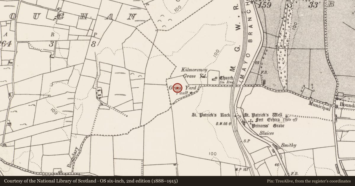 Ordnance Survey six-inch map, 2nd edition (1888–1915) covering the location of Burial ground, Kilmoremoy, County Mayo, with a pin at the register's coordinates