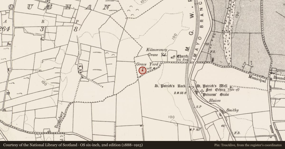 Ordnance Survey six-inch map, 2nd edition (1888–1915) covering the location of Enclosure, Kilmoremoy, County Mayo, with a pin at the register's coordinates